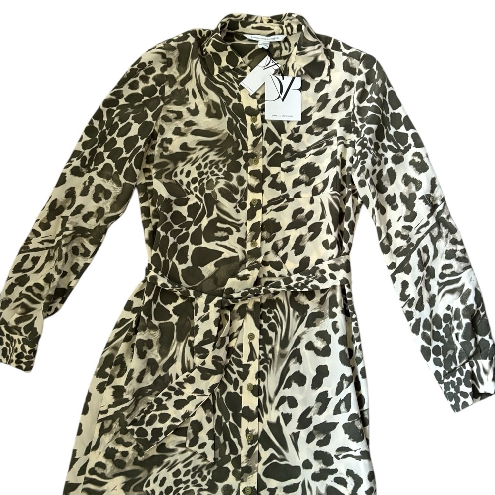Diane von Furstenberg Prita Animal Print Silk Shirt Dress Green NWT Sz 2 - Picture 5 of 12